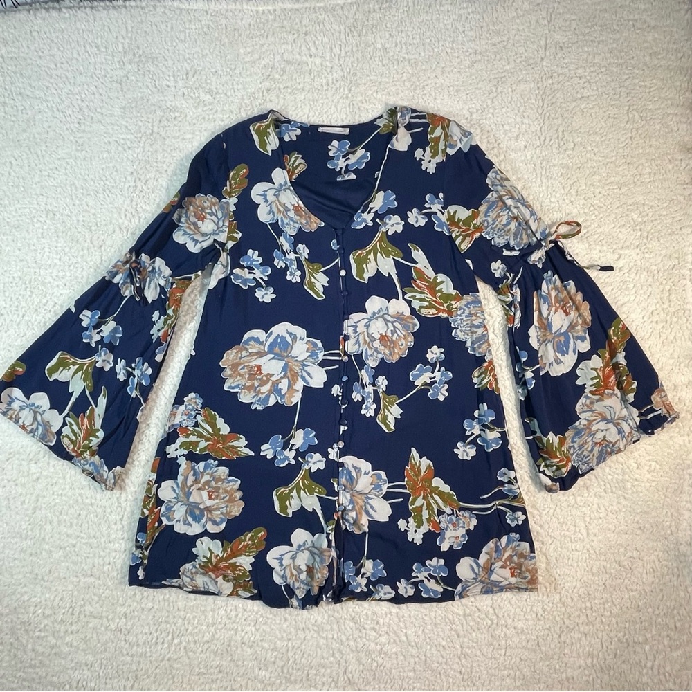 Altar’d State Floral Mini Dress Navy Bell Sleeve Boho Romantic M